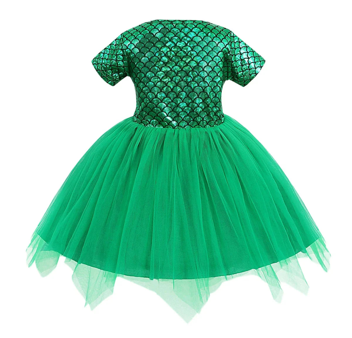 Green mermaid princess tulle dress for girls, featuring floral and bow details, perfect for kids' fancy party and special occasions.