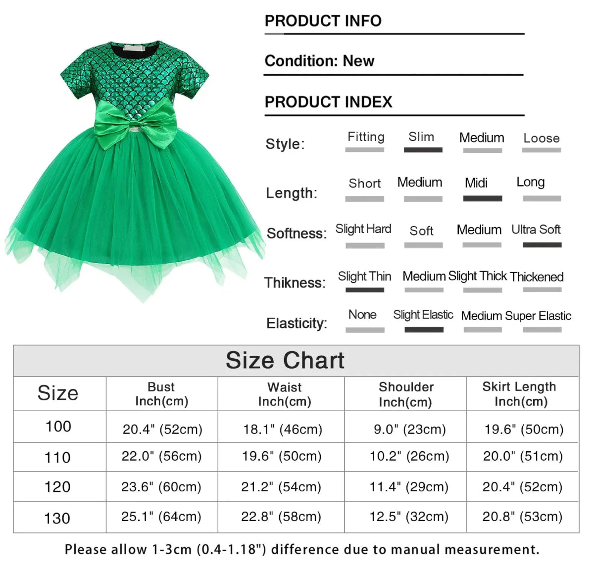 Showlu girls' green mermaid princess tulle dress with bow, floral accents, perfect for kids' fancy parties and dress-up occasions.