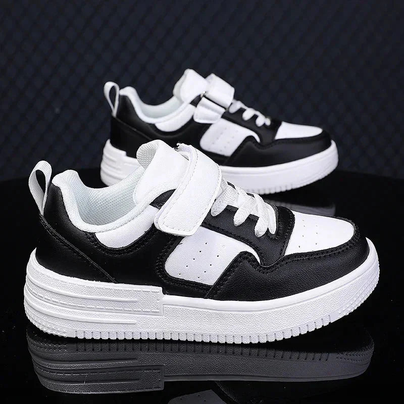 Kids white running shoes by SHOWLU FASHION STORE, waterproof PU leather sneakers for boys and girls, breathable and casual.