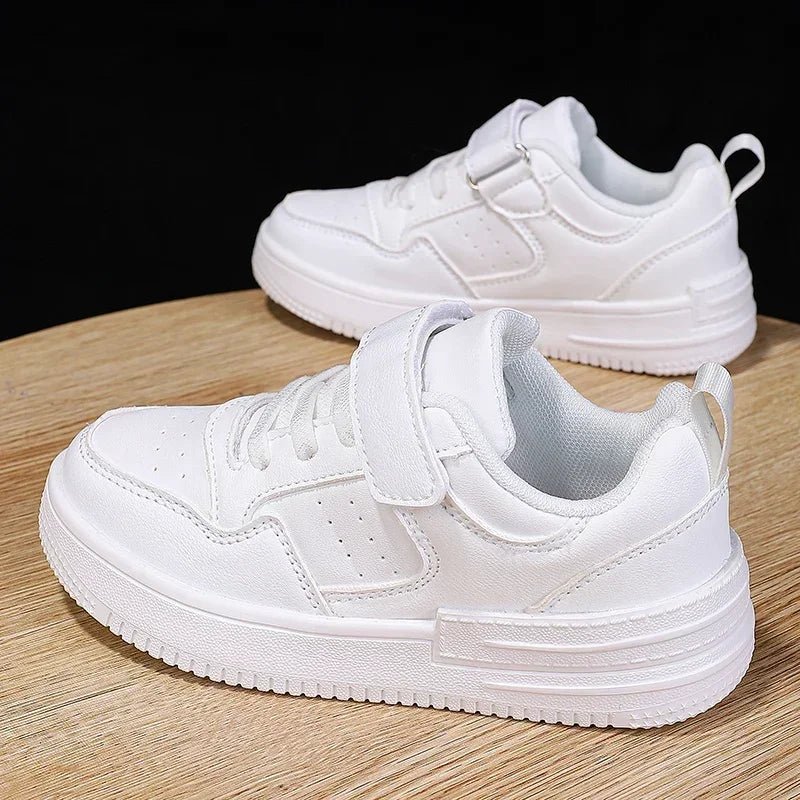 Kids white running shoes by SHOWLU FASHION STORE, waterproof PU leather sneakers for boys and girls, casual and breathable.