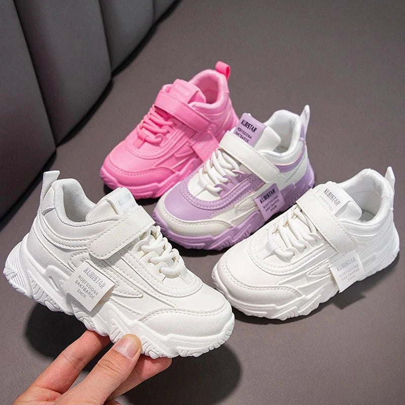 Kids running sneakers by SHOWLU FASHION STORE, PU leather sports shoes for girls and boys with anti-skid soles and casual style.