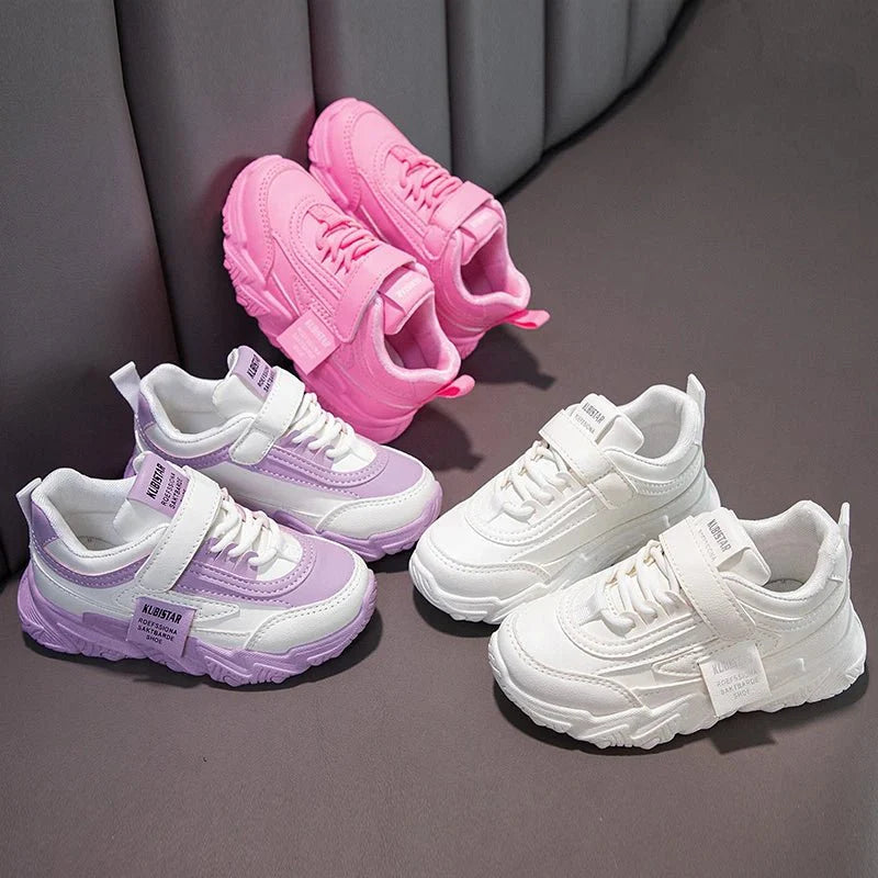 Kids running sneakers by SHOWLU FASHION STORE, PU leather sports shoes for girls and boys with anti-skid soles and casual style.
