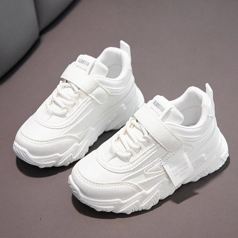 Kids running sneakers by SHOWLU FASHION STORE, PU leather sports shoes for girls and boys with anti-skid soles and casual style.