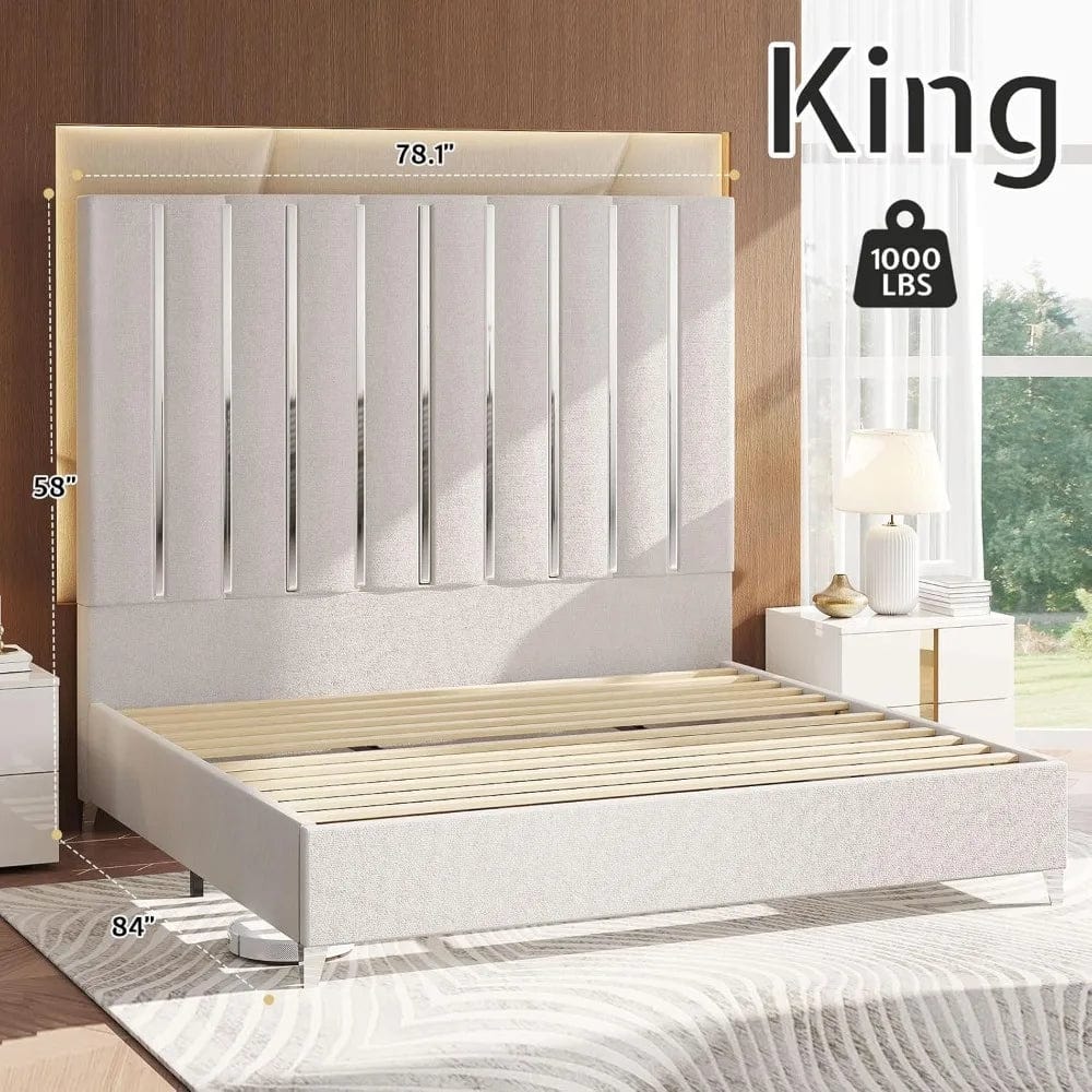 King Bed Frame, Velvet Upholstered Beds Frames with Silver Plating Trim, Bed Frame - SHOWLU FASHION STORE