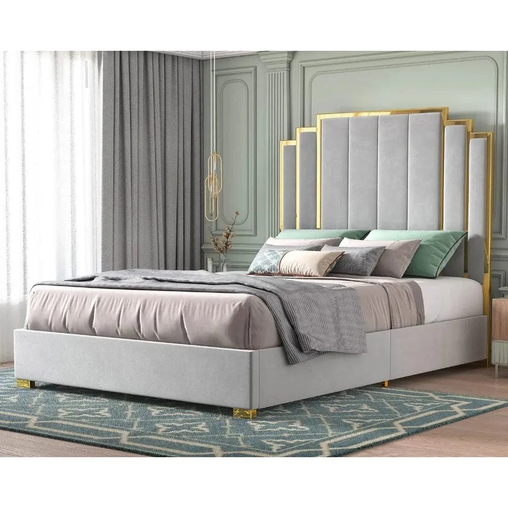 King Size Bed Frame and 65" Headboard, Upholstered bed with Golden Plating Trim, Modern Platform Bed No Box Spring Needed, Black - SHOWLU FASHION STORE