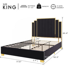 King Size Bed Frame and 65" Headboard, Upholstered bed with Golden Plating Trim, Modern Platform Bed No Box Spring Needed, Black - SHOWLU FASHION STORE