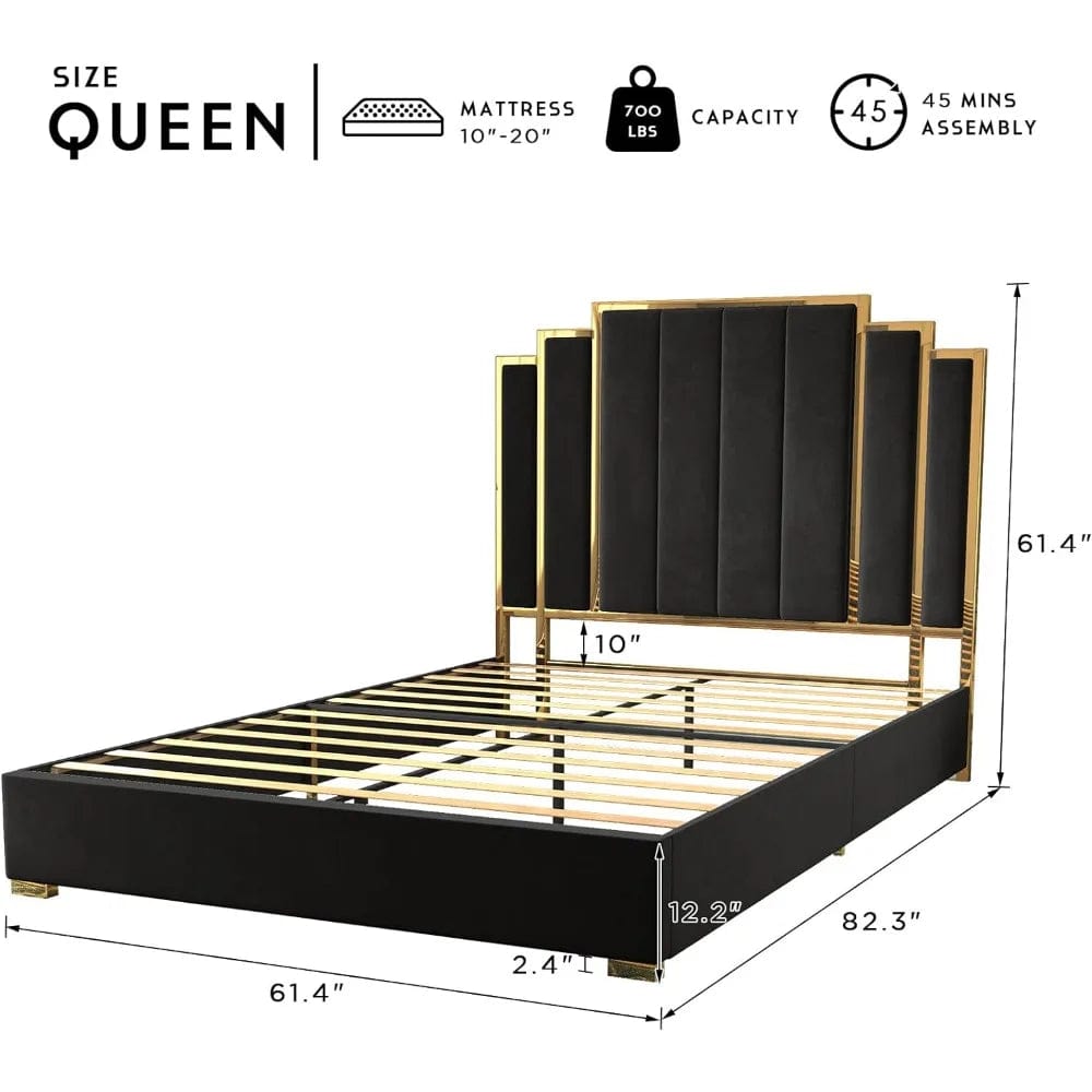 King Size Bed Frame and 65" Headboard, Upholstered bed with Golden Plating Trim, Modern Platform Bed No Box Spring Needed, Black - SHOWLU FASHION STORE