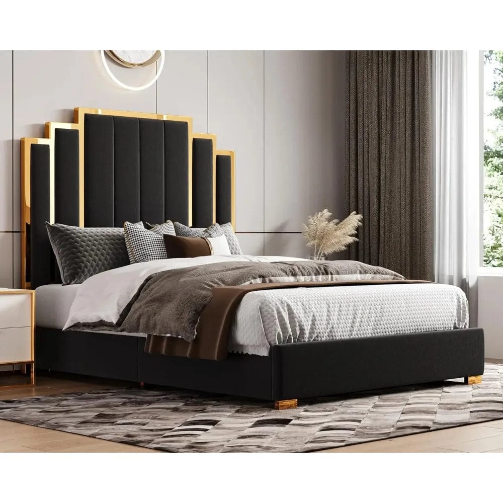 King Size Bed Frame and 65" Headboard, Upholstered bed with Golden Plating Trim, Modern Platform Bed No Box Spring Needed, Black - SHOWLU FASHION STORE