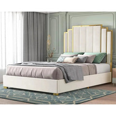 King Size Bed Frame and 65" Headboard, Upholstered bed with Golden Plating Trim, Modern Platform Bed No Box Spring Needed, Black - SHOWLU FASHION STORE