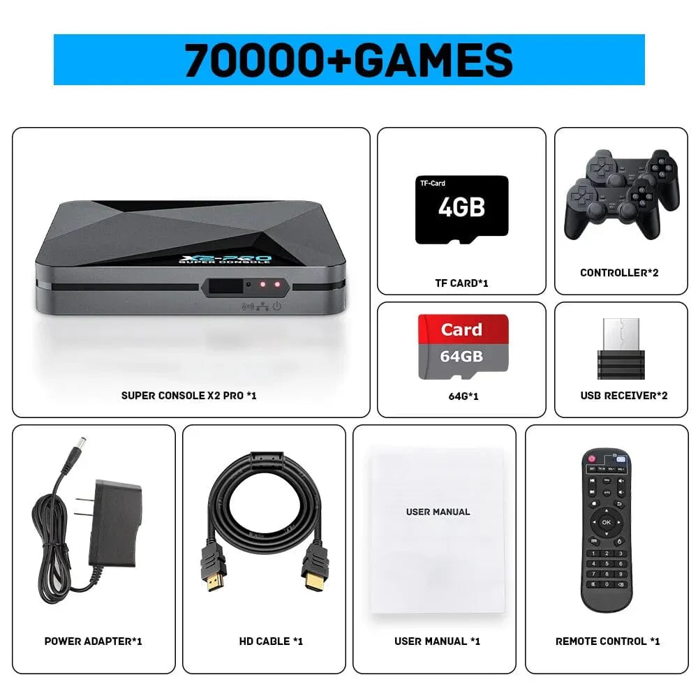 Kinhank Super Console X2 Pro retro video game console with 90,000 games, includes gamepad, ideal for kids and gaming enthusiasts.