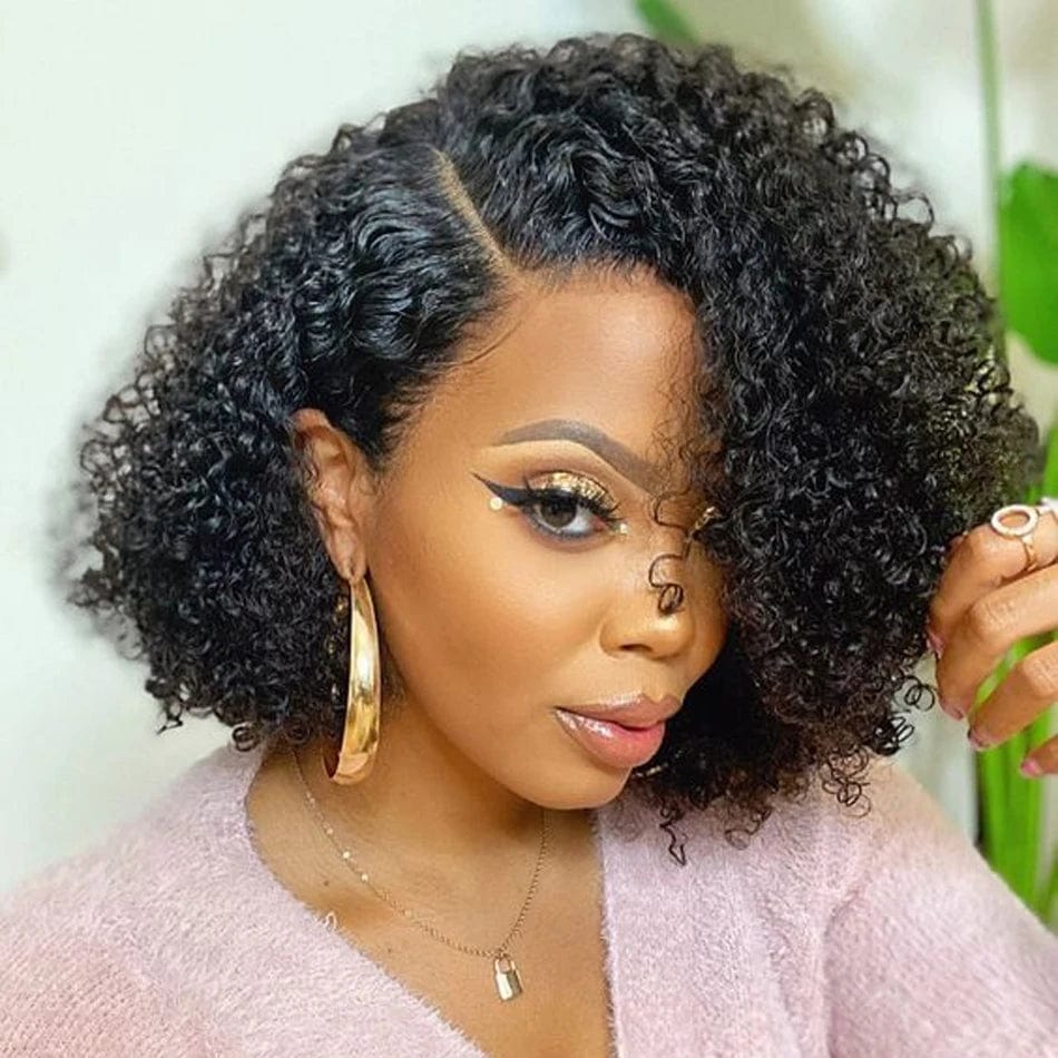 Kinky curly bob lace frontal human hair wig by SHOWLU FASHION STORE, 180% density, short water curl style for women.