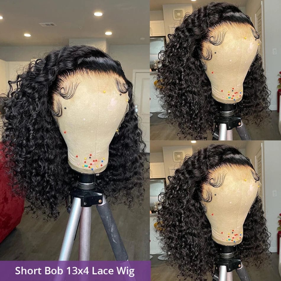 Kinky curly bob lace frontal human hair wig from SHOWLU FASHION STORE, with 180% density, short water curl style for women.