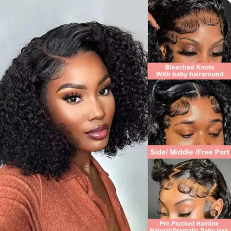 Kinky curly bob lace frontal human hair wig by SHOWLU FASHION STORE, 180% density, short water curl style for women.