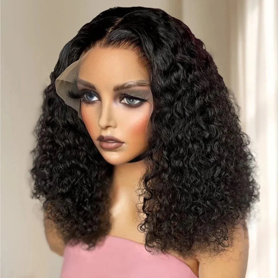 Kinky curly bob lace frontal human hair wig from SHOWLU FASHION STORE, 180% density, short water curly style for women.
