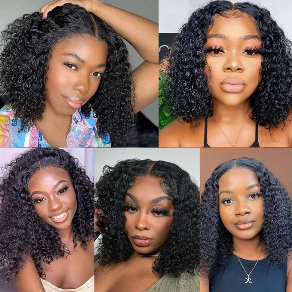 Kinky curly bob lace frontal human hair wig by SHOWLU FASHION STORE, 180% density, short water curly style for women.