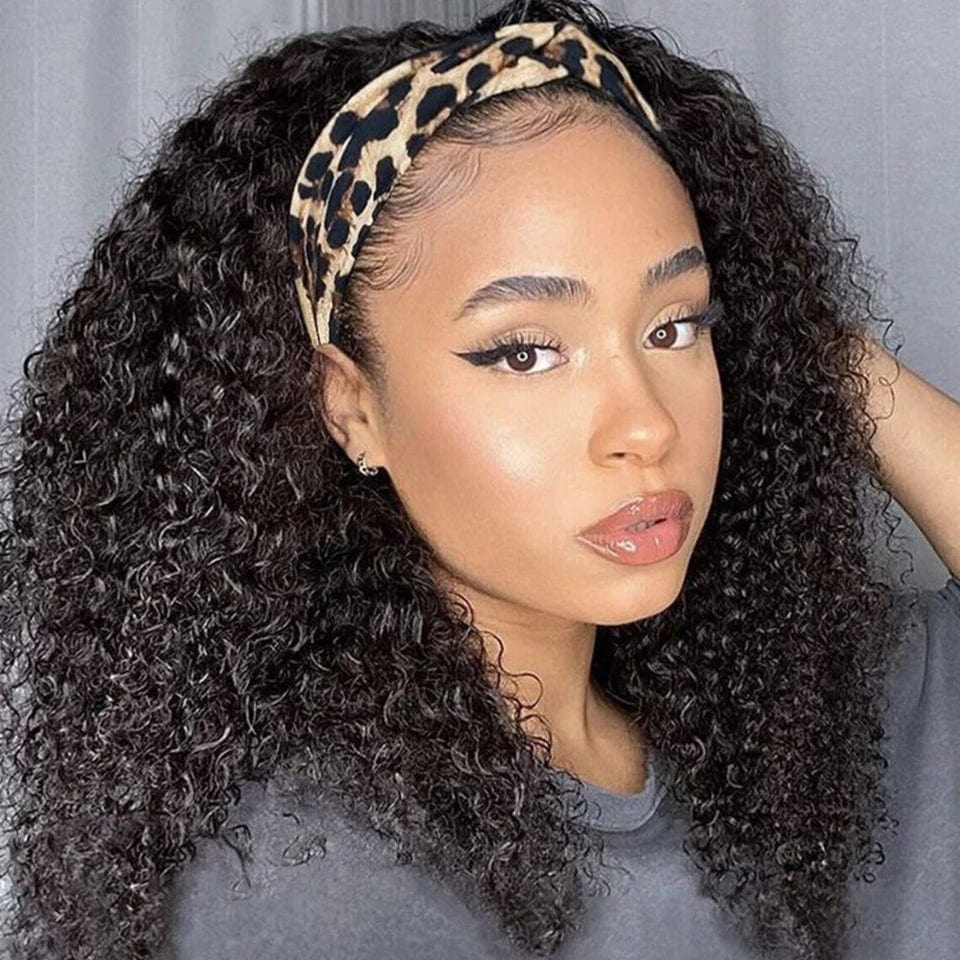 Kinky Jerry curl headband wig for black women, 180% density, Brazilian Remy human hair, glueless full machine-made style.