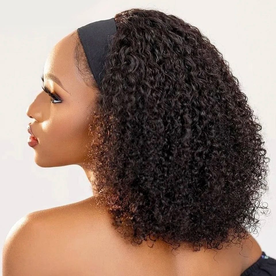 Kinky Jerry Curl headband wig for Black women, made of Brazilian Remy human hair with 180% density and full machine-made construction