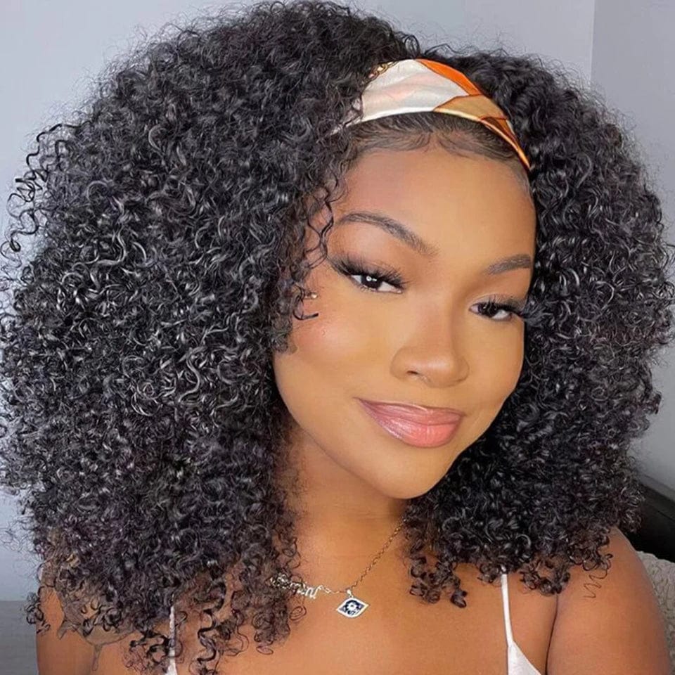 Kinky Jerry Curl headband wig for black women, 180% density, Brazilian Remy human hair, glueless, full machine-made wig.
