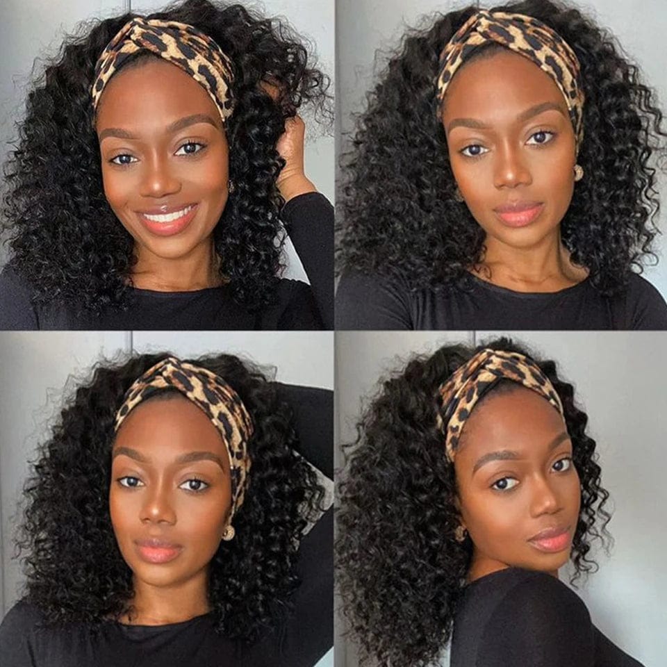 Kinky Jerry Curl headband wig for Black women, 180% density, Brazilian Remy human hair, glueless, full machine-made style.