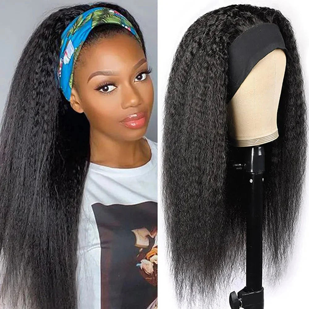 Brazilian Remy Yaki straight headband wig from SHOWLU FASHION STORE, ready-to-wear kinky-straight human hair headband wig for women.
