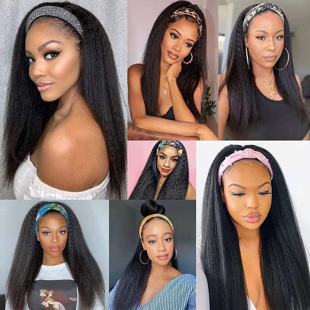 Kinky straight Brazilian Remy human hair headband wig by TIANTAI Yaki, ready-to-wear, for women, natural and stylish.