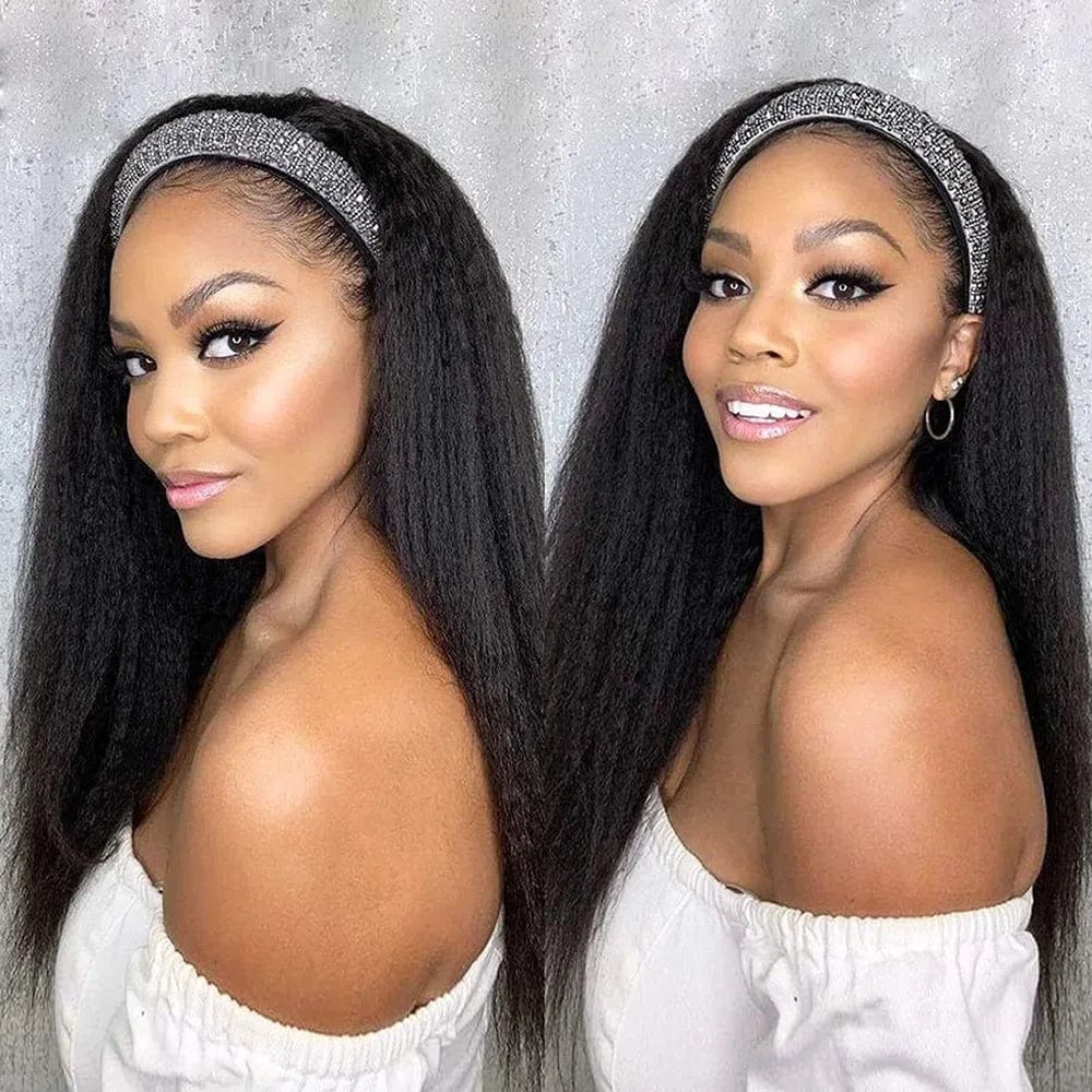Kinky straight Brazilian Remy human hair headband wig by TIANTAI Yaki, ready-to-wear, for women with natural straight texture.