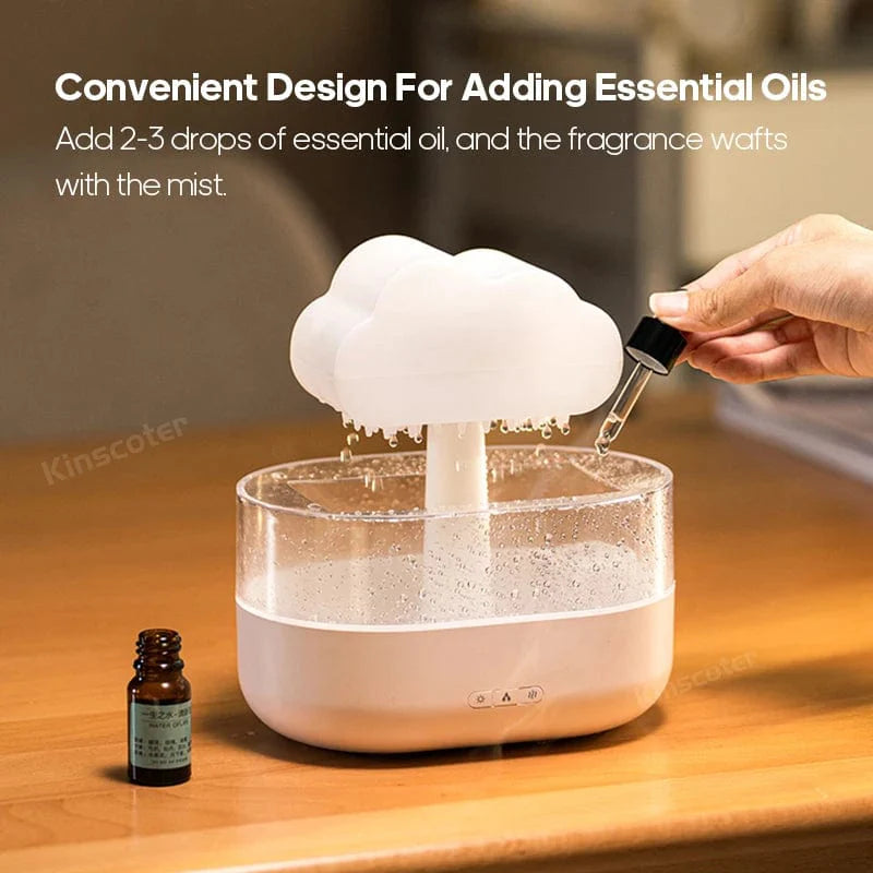 Kinscoter Rain Cloud Humidifier and ultrasonic aroma diffuser with raindrop design, 200ml capacity for desktop use.