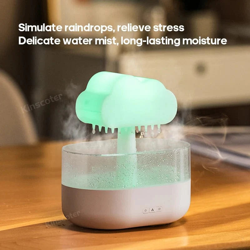 Kinscoter Rain Cloud ultrasonic humidifier and aroma diffuser with raindrop design, 200ml capacity, USB-powered for desktop use