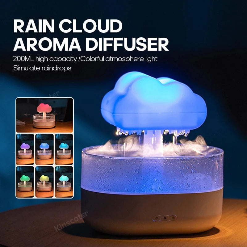 Kinscoter Rain Cloud ultrasonic humidifier and aroma diffuser with raindrop design, 200ml capacity, USB-powered desktop air humidifier.