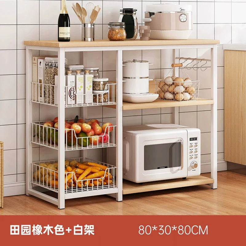 Oylang 3-tier Nordic kitchen storage rack with microwave shelf, multi-layer household sideboard cabinet, black metal design