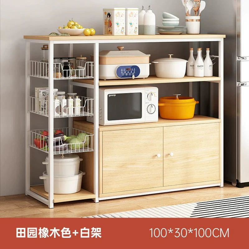 Oylang 3-Tier Nordic kitchen storage rack with multiple shelves, microwave space, and sideboard cabinet for organized household storage
