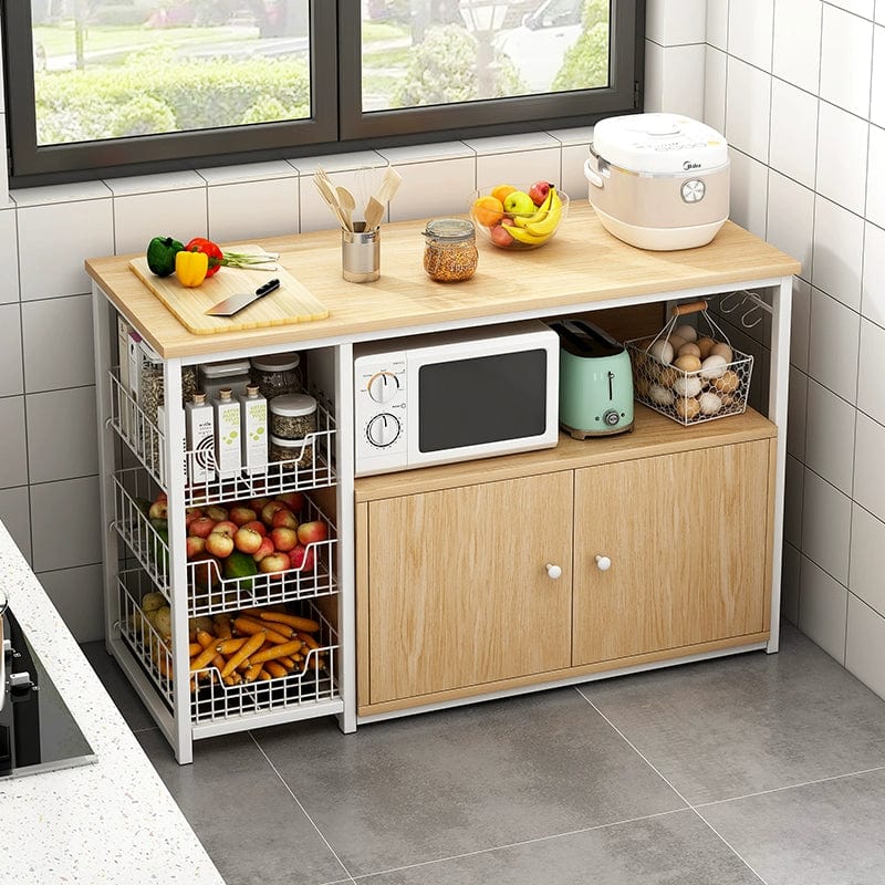 Oylang 3-Tier Nordic kitchen storage rack with microwave shelf, multi-functional sideboard cabinet, black metal frame and wooden shelves