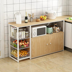 A wooden kitchen storage cabinet with a microwave shelf, side wire baskets, and a lower cupboard.