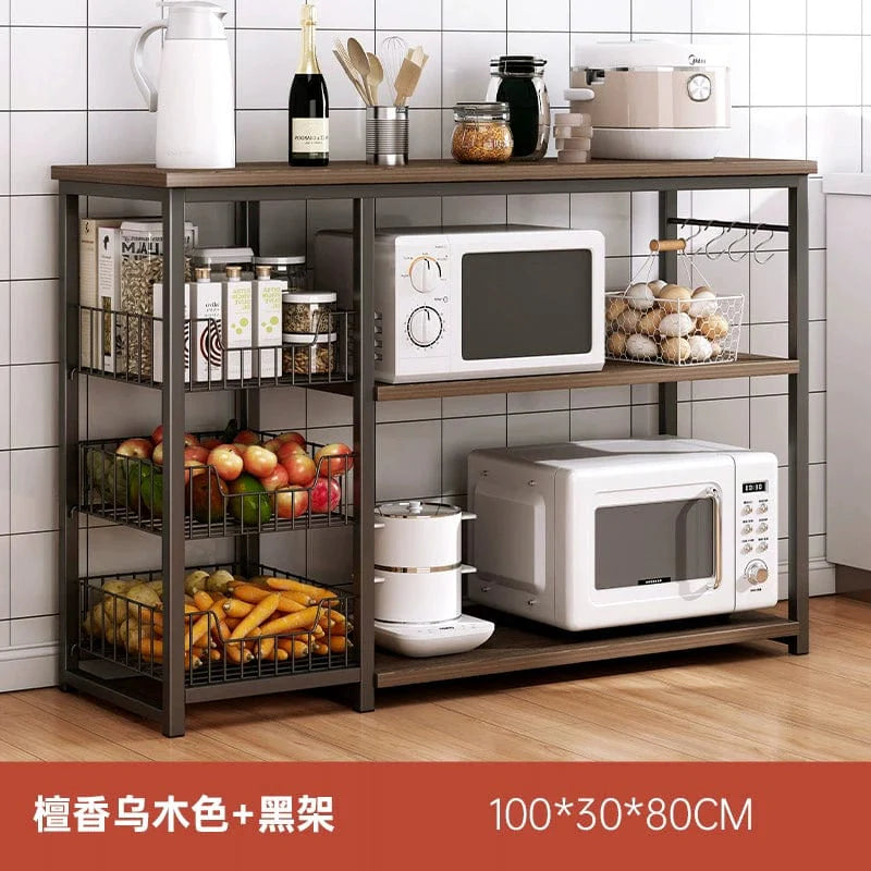 Oylang 3-tier Nordic kitchen storage rack with microwave shelf and multiple compartments for organized household kitchen use