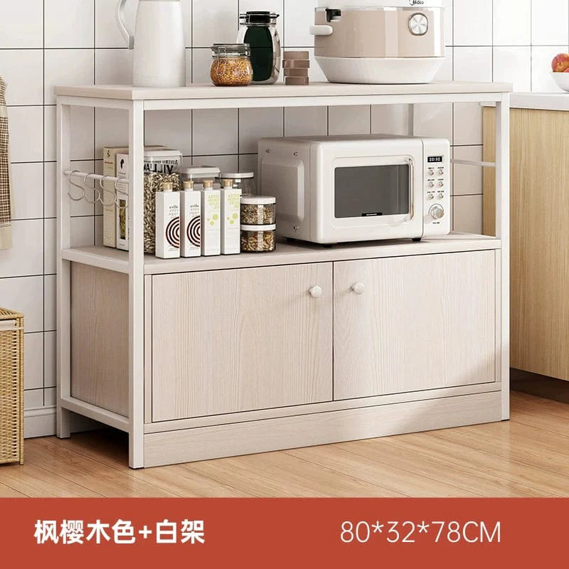 Oylang 3-Tier Nordic kitchen storage rack with microwave sideboard cabinet, multi-layer household kitchen organizer, black and wooden finish