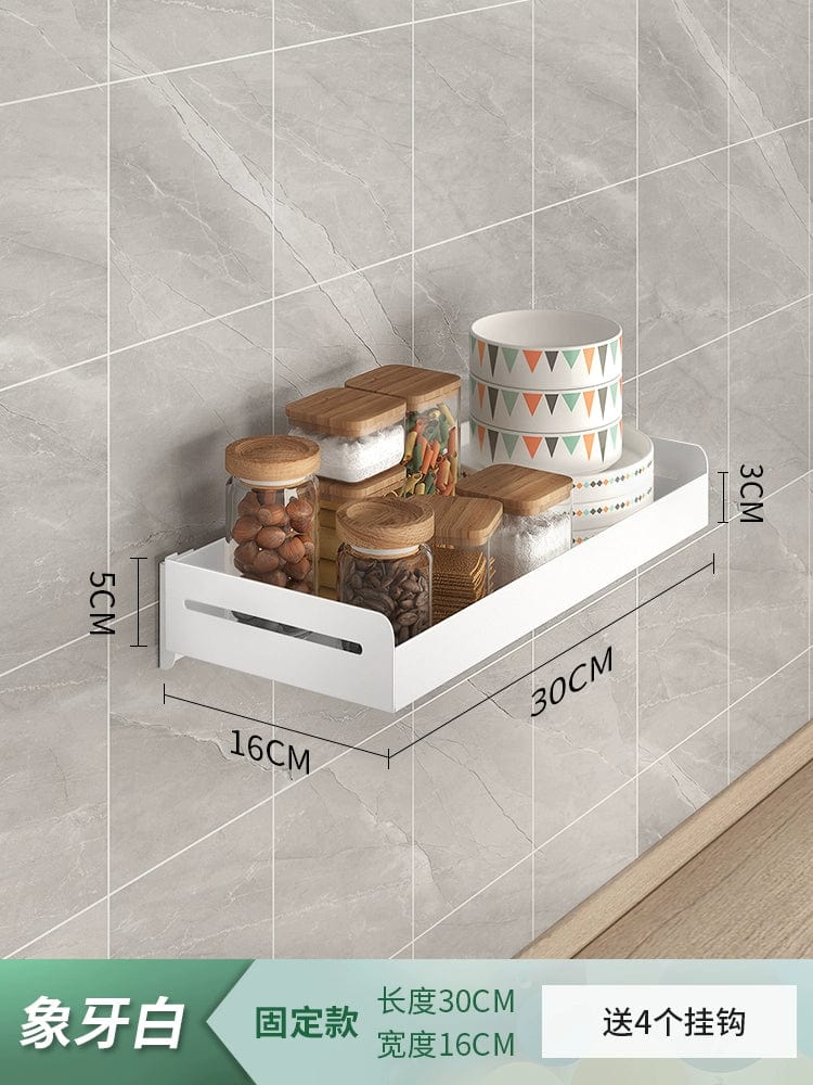 White stainless steel wall-mounted kitchen seasoning rack, multi-functional and punch-free, ideal for organized household storage.