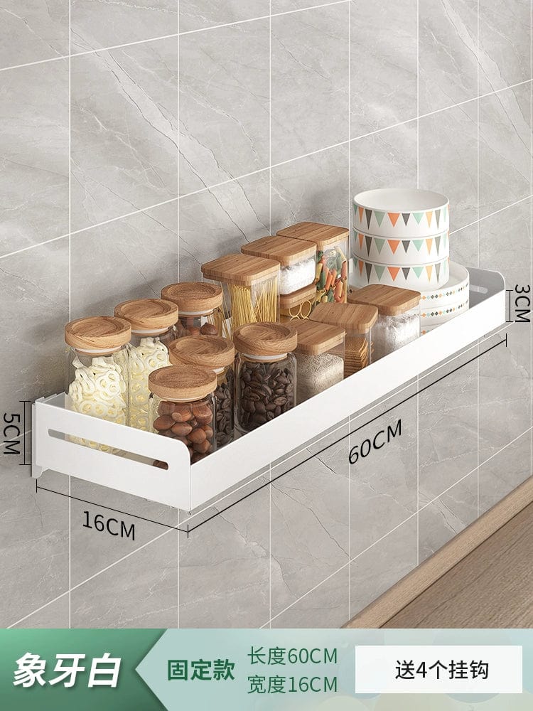 White stainless steel wall-mounted kitchen seasoning storage rack with punch-free design and multi-functional household organization.