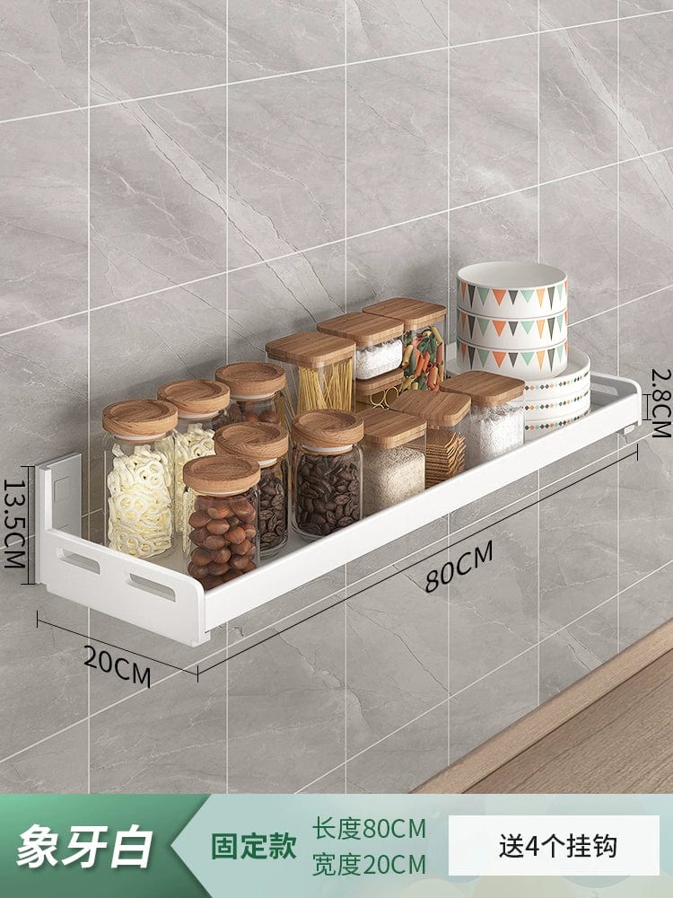 White stainless steel wall-mounted kitchen seasoning rack with multiple compartments for organized storage.