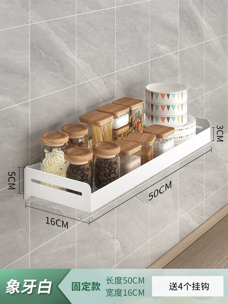 White stainless steel wall-mounted kitchen seasoning rack with punch-free design, ideal for organizing spices and condiments.
