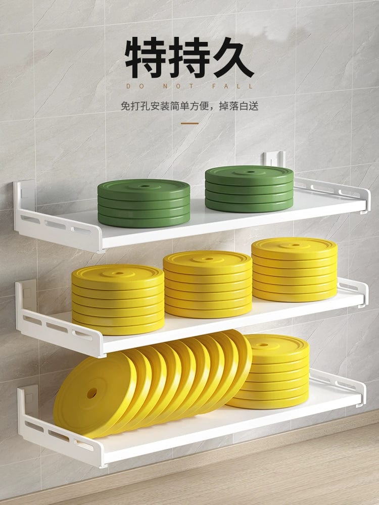 White stainless steel wall-mounted kitchen seasoning storage rack with punch-free design, ideal for organized household spice and condiment storage.