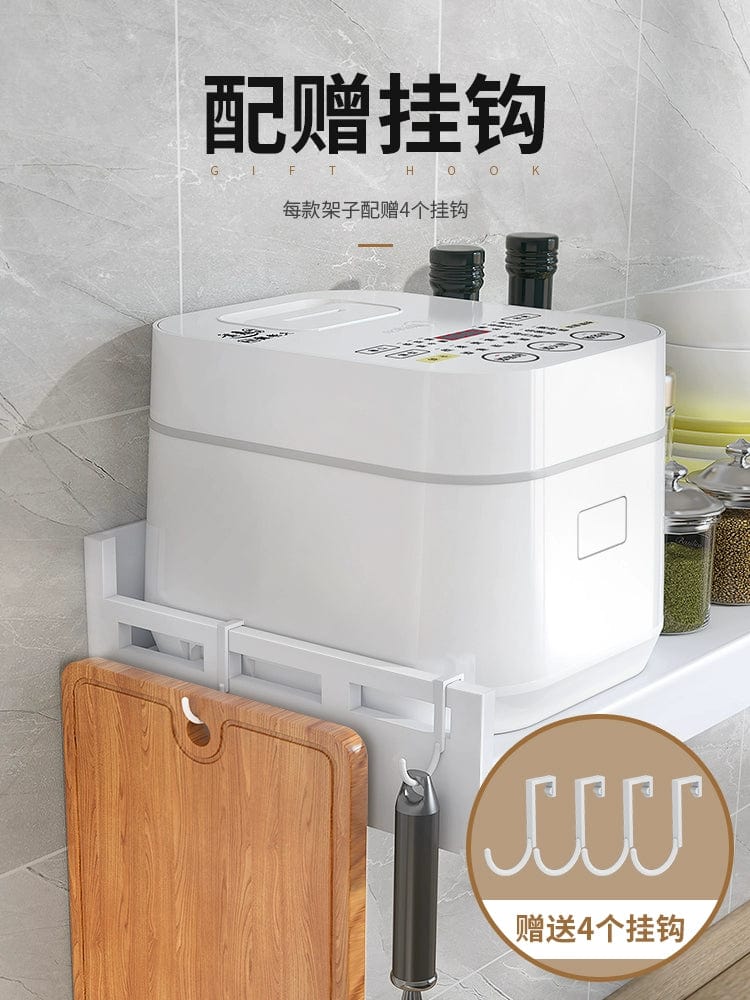 White stainless steel wall-mounted kitchen seasoning storage rack with punch-free design and multi-functional household organization.