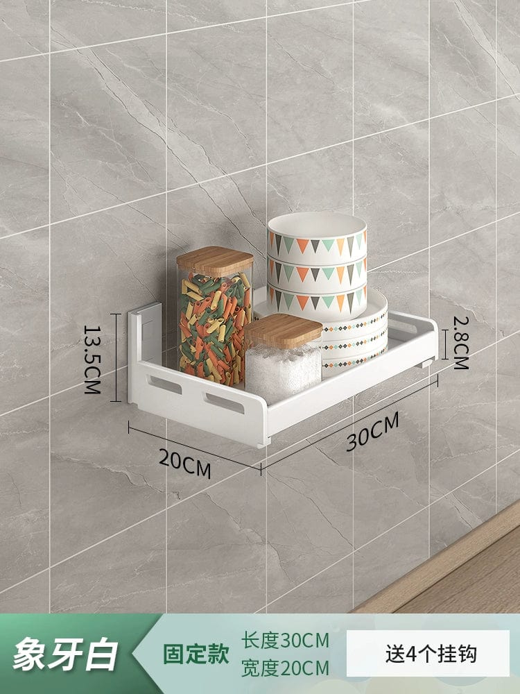 White stainless steel wall-mounted kitchen seasoning storage rack with multiple compartments for organized spice and condiment storage
