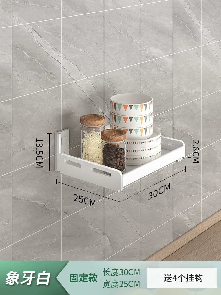 White stainless steel wall-mounted kitchen seasoning rack with punch-free design and multi-functional storage for organized cooking space.