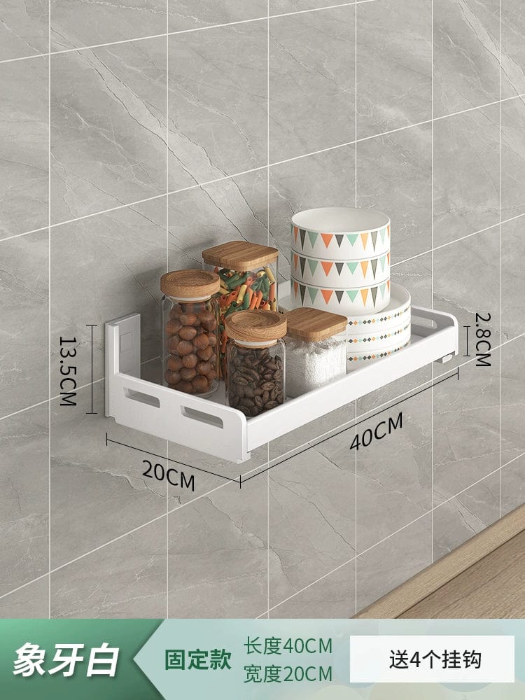 White stainless steel wall-mounted kitchen seasoning storage rack with punch-free design and multi-functional household organization.
