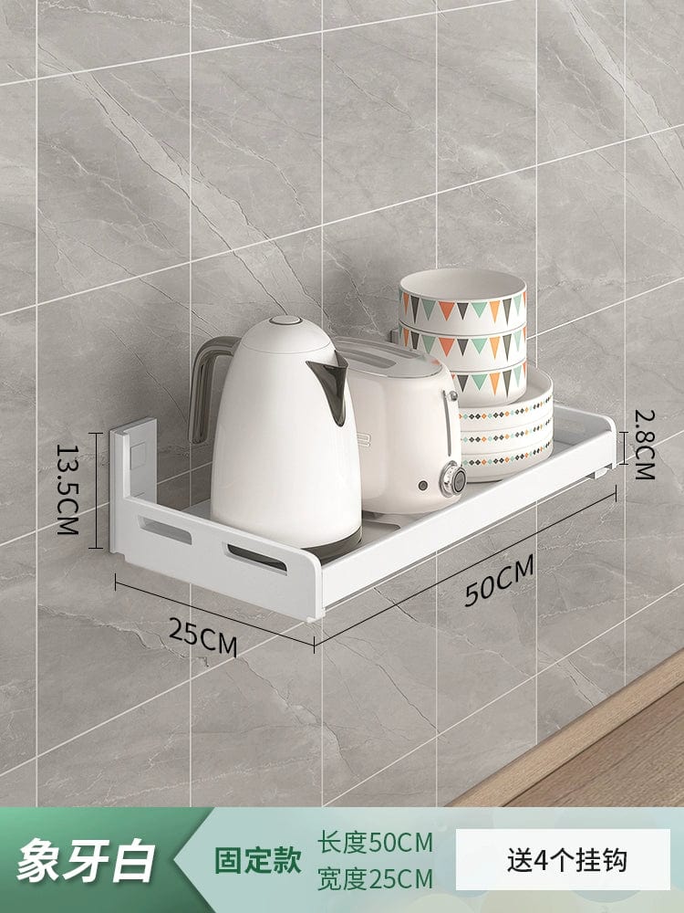 White stainless steel wall-mounted kitchen seasoning storage rack with punch-free design, multi-functional for organized kitchen use.