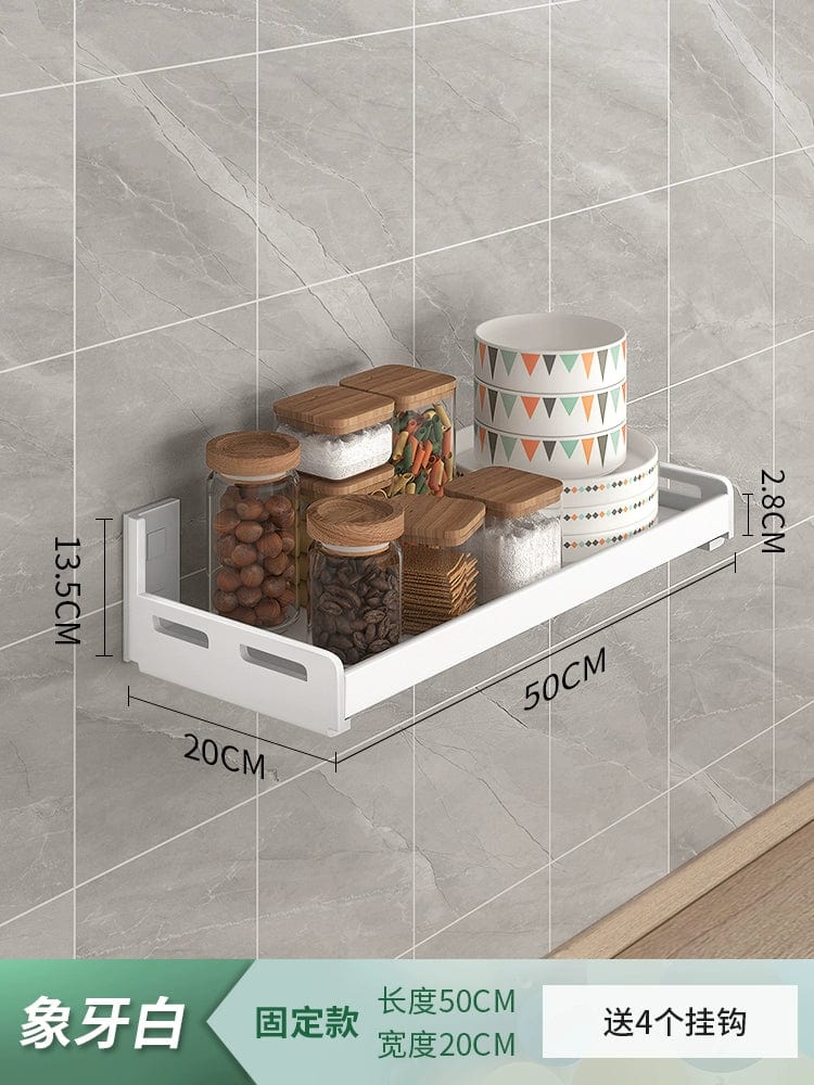 White stainless steel wall-mounted kitchen seasoning storage rack with punch-free design for organized kitchen shelving