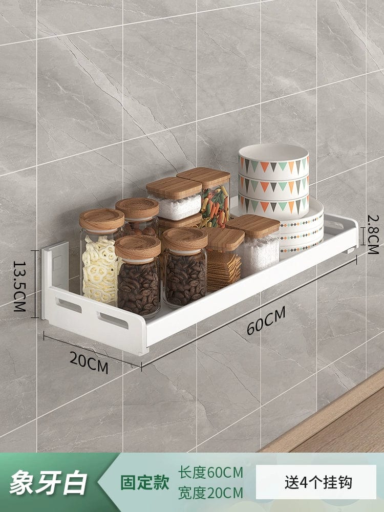 White stainless steel wall-mounted kitchen seasoning storage rack with punch-free design and multi-functional household organization.