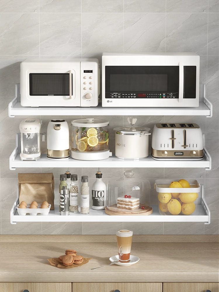 White stainless steel wall-mounted kitchen seasoning storage rack with punch-free design, ideal for organized and stylish kitchen organization.