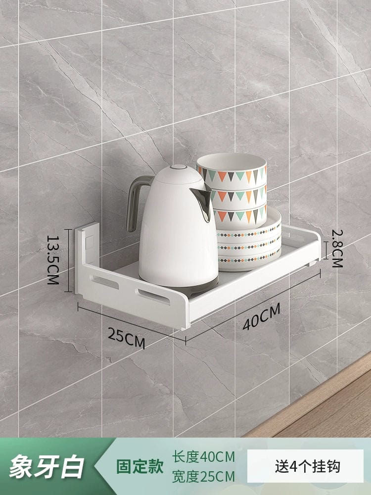 White stainless steel wall-mounted kitchen seasoning rack with multiple compartments for organized storage.