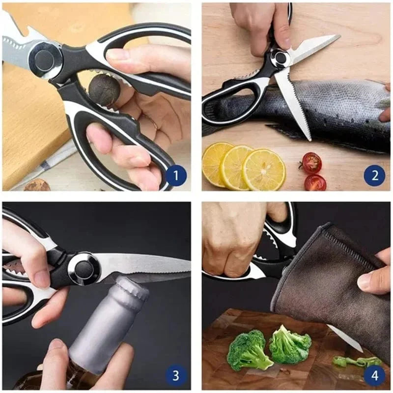 Stainless steel kitchen scissors by Showlu Fashion Store with sharp blades for cutting chicken bones, fish, and other kitchen tasks.